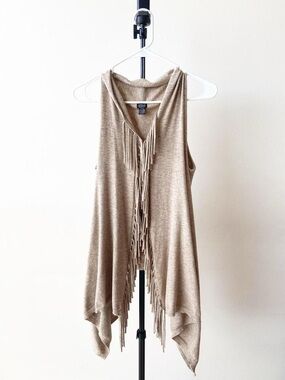 Roffe Beige Sleeveless Fringe Cardigan
